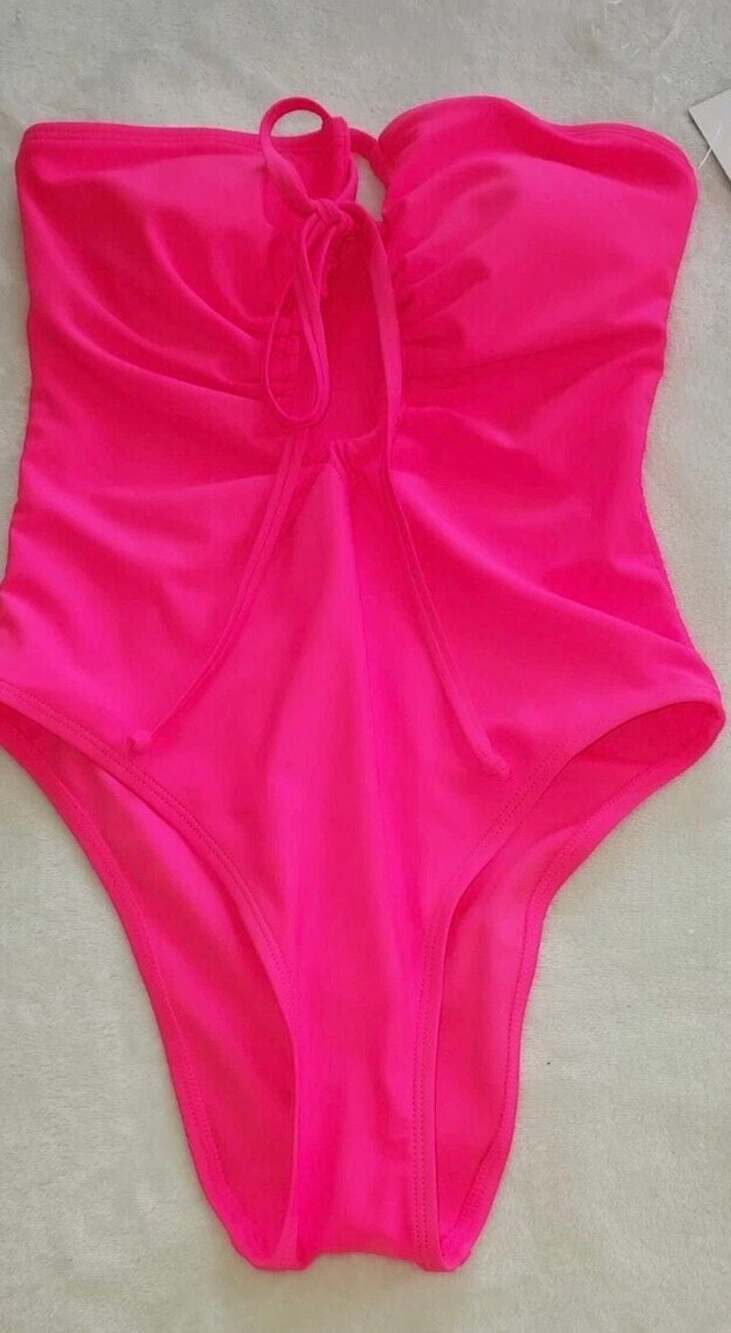 No Boundaries Neon Pink Lace-Up Bandeau One-Piece Swimsuit size M